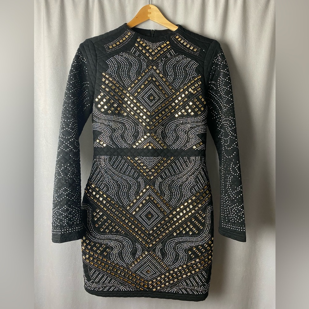 Xtaren Black and Gold Studded Long Sleeve Glam Luxe MiniDress body con Sz L